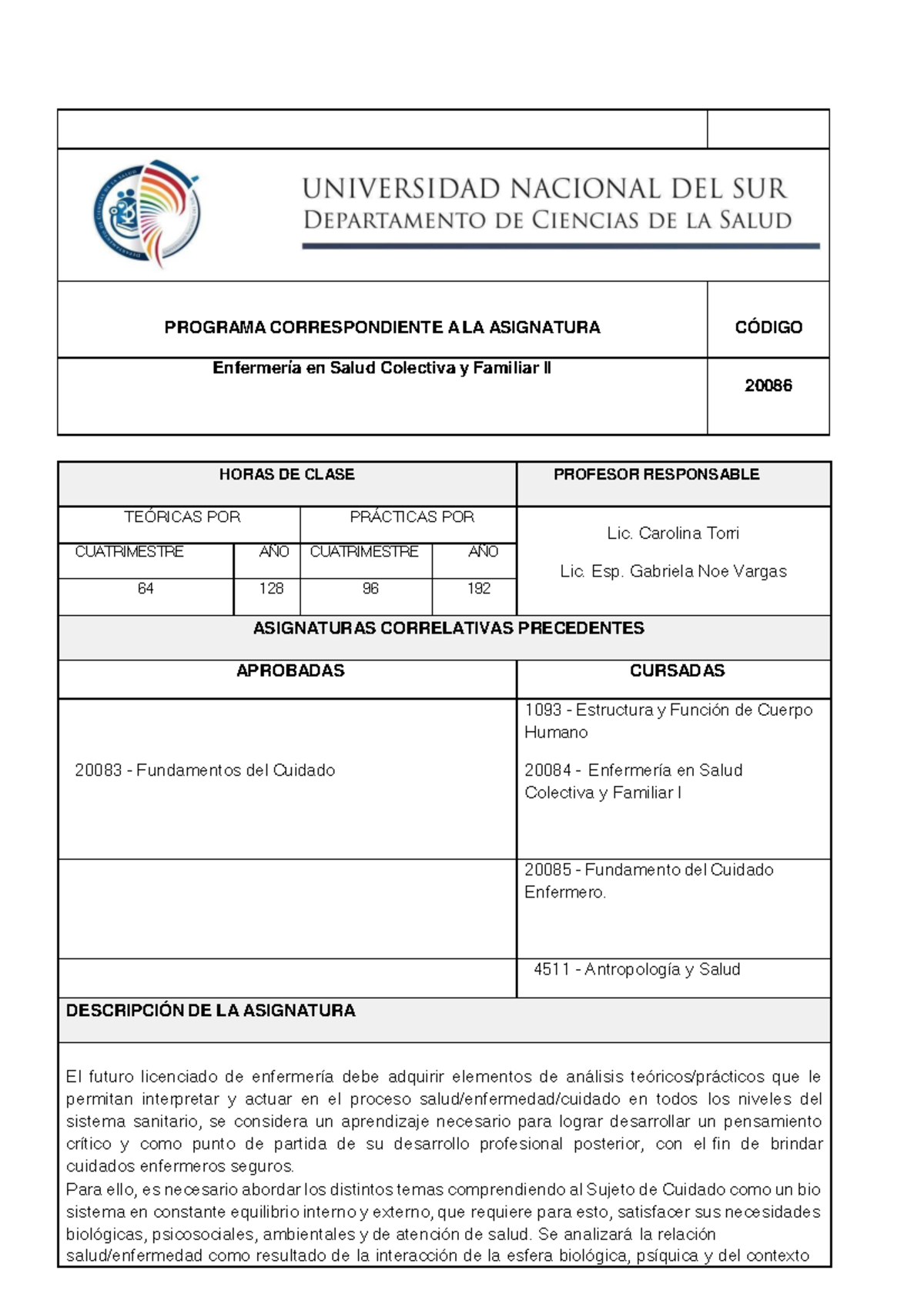 Programa de Enfermería en Salud Colectiva y Familiar II 20086 - Studocu