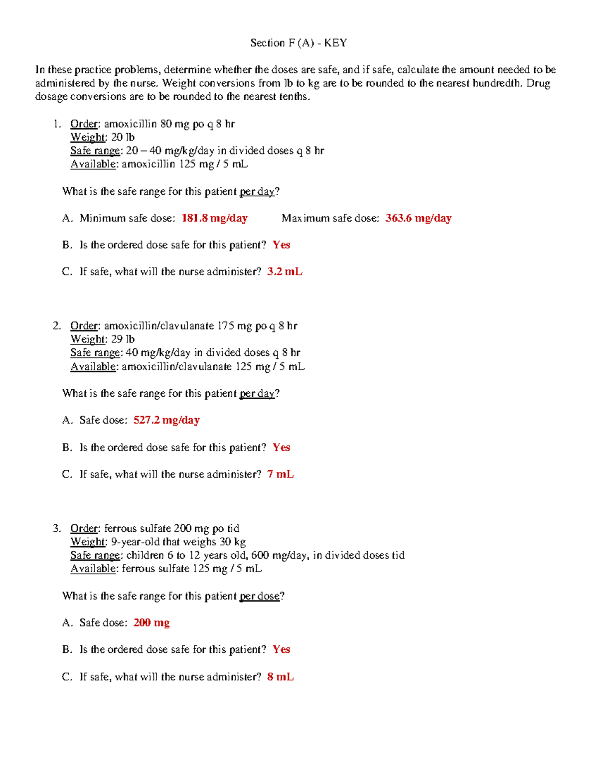PHAR 101 - Dosage Calculation Practice Problems Key - Studocu