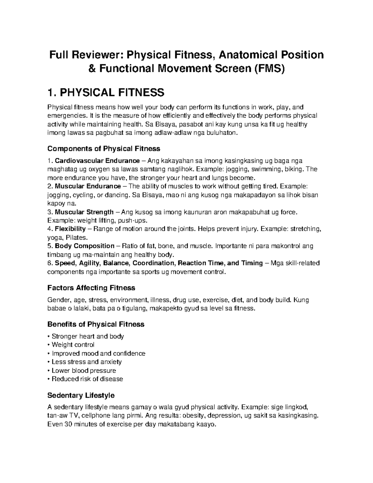 Patfit Review: Physical Fitness, Anatomical Position & FMS Lesson - Studocu