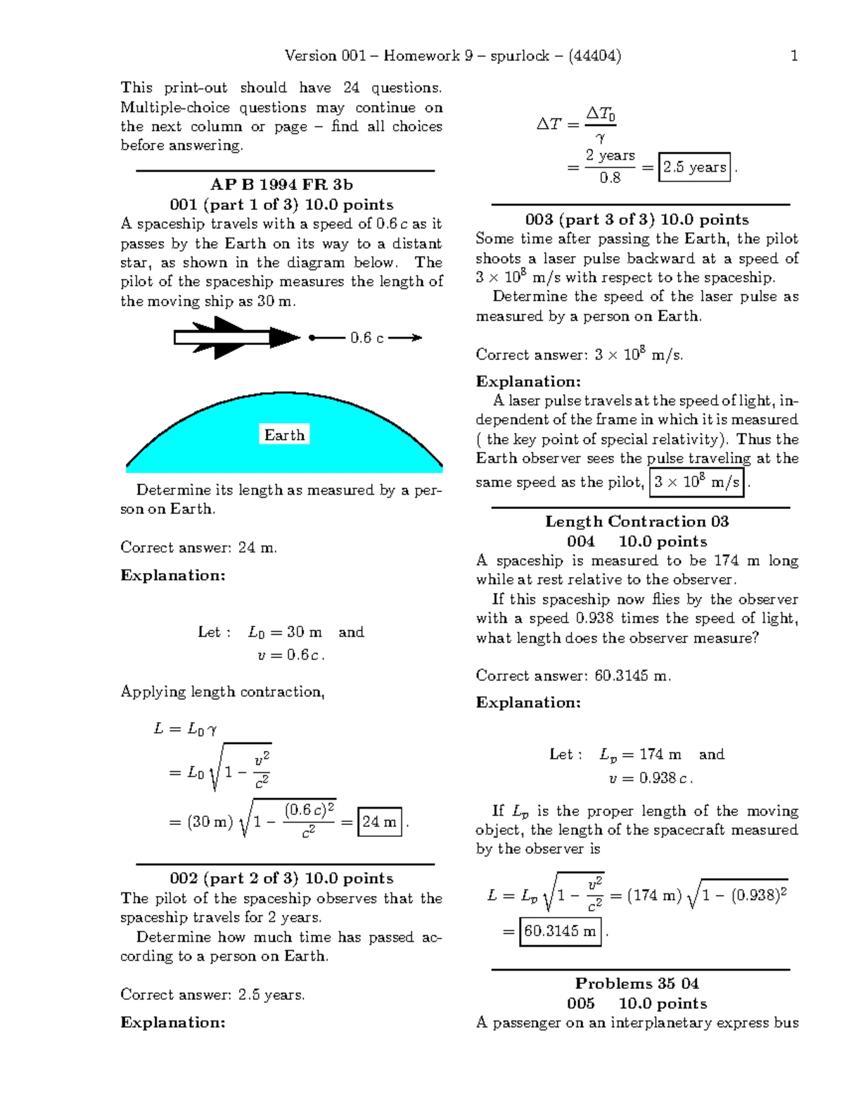 Version 001 Bonus Homework 9: Special Relativity Problems - Studocu