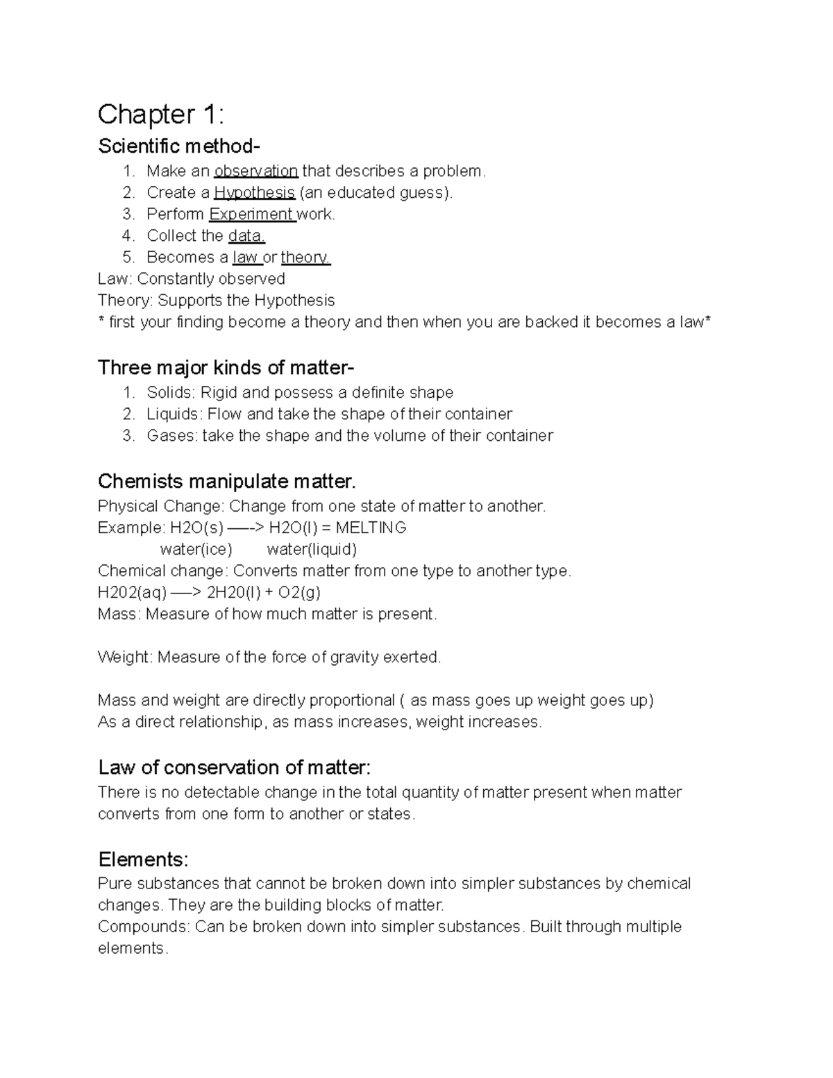 Gen Chemisty notes- Prof Miller - Chapter 1: Scientific method- 1. Make ...