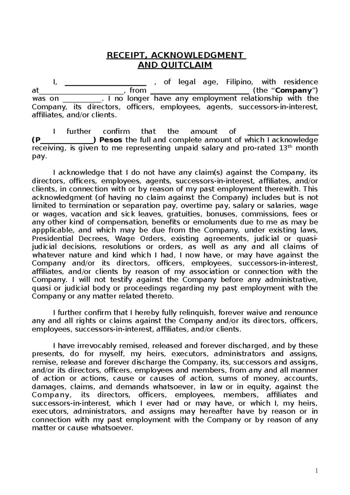 Quitclaim Template: Acknowledgment of No Claims Against Company - Studocu