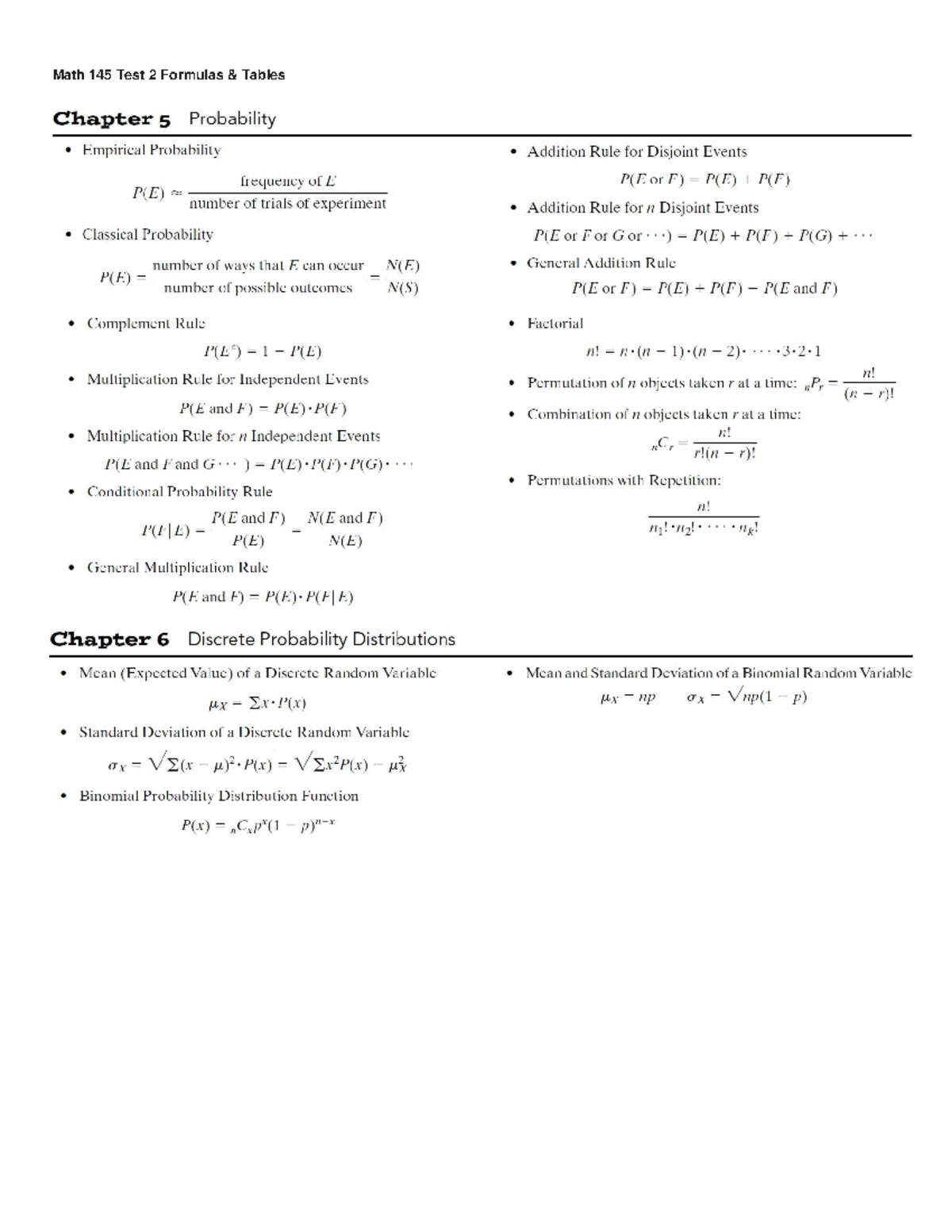 Math 145 Test 2: Essential Formulas and Probability Tables - Studocu