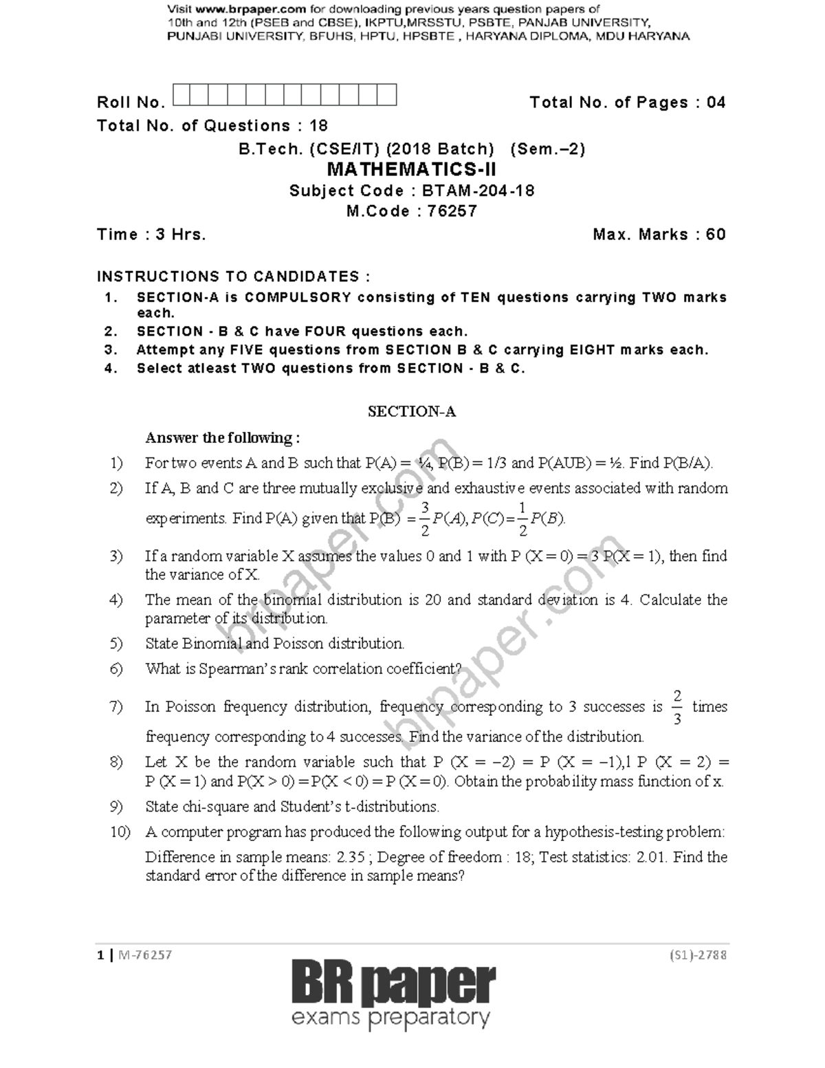 Math 76257 B.Tech. 2018 Batch: Previous Year Questions (4 Pages) - Studocu
