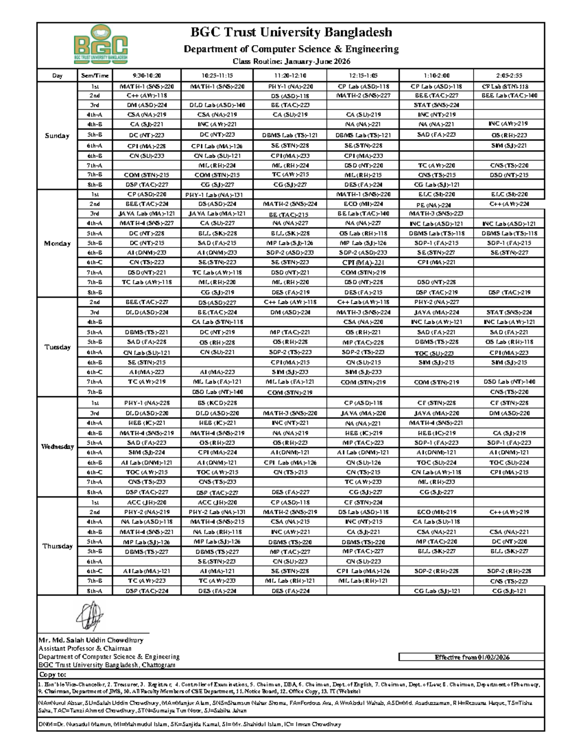 BGC Trust University CSE Class Routine 2026 - JJ26 - Studocu