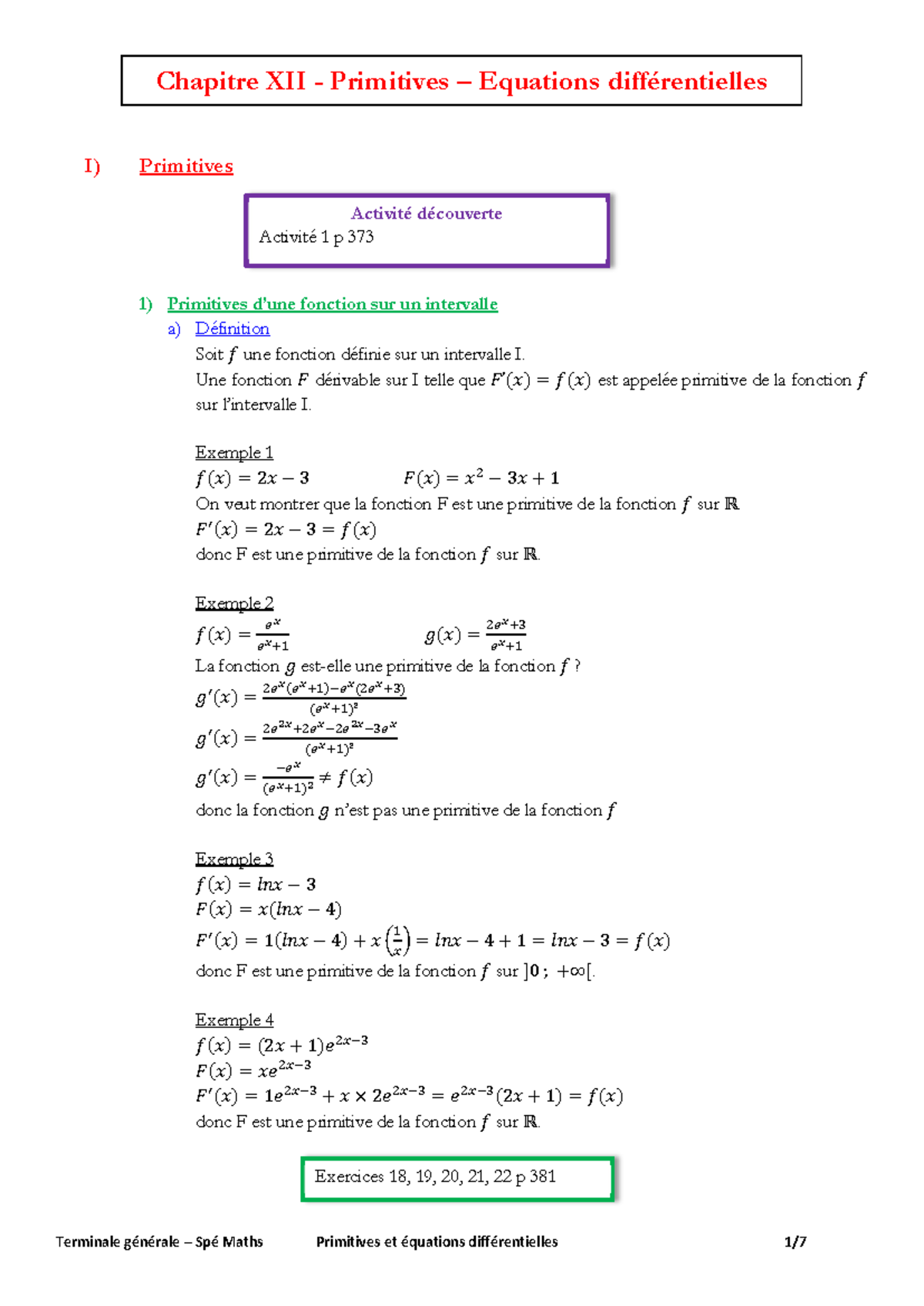 TLE-SPE Primitives Equa Diff Cours - Chapitre XII - Primitives ...
