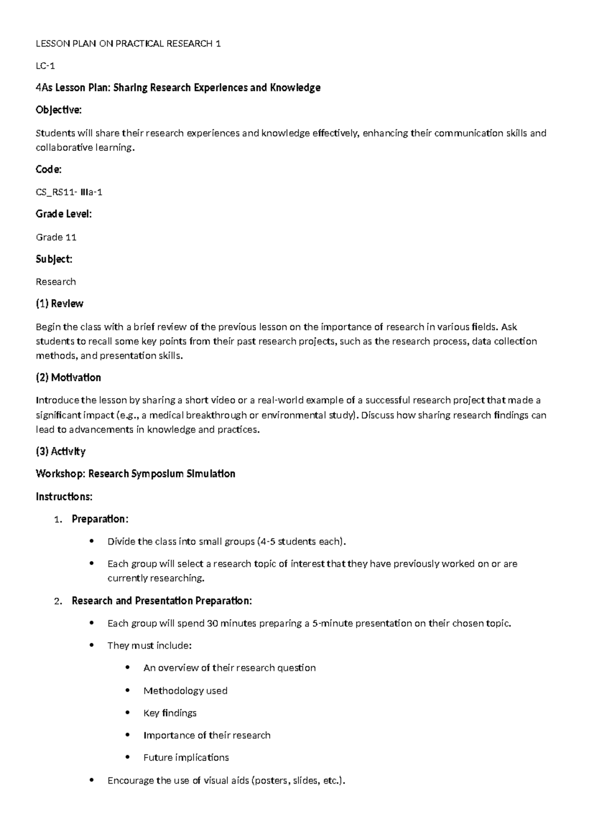 DAY 1 - Pertinent - LESSON PLAN ON PRACTICAL RESEARCH 1 LC- 4As Lesson ...