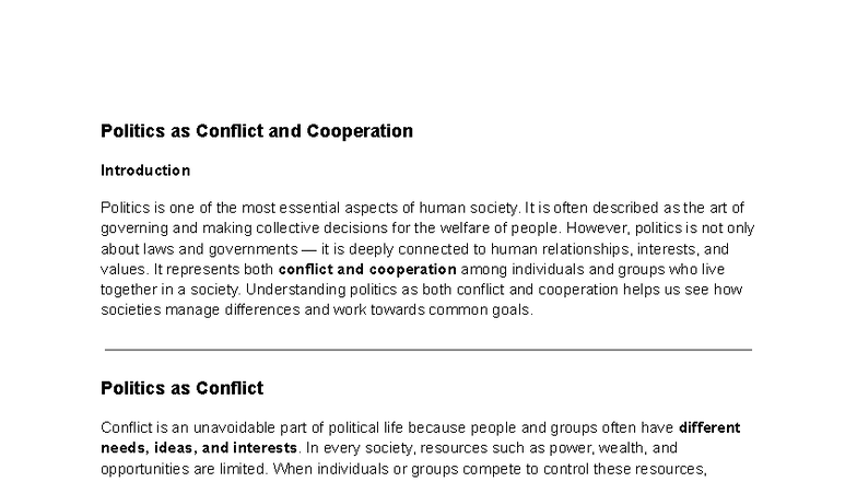 Upt Lecture 1: Politics as Conflict and Cooperation Notes - Studocu