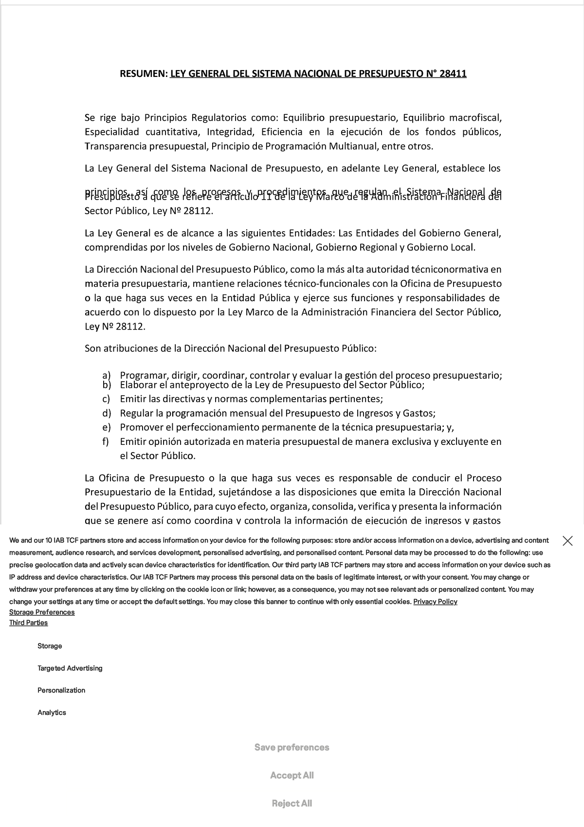 Resumen de la Ley General del Sistema Nacional de Presupuesto 28411 ...