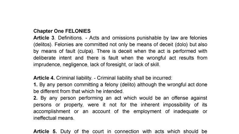 RPC - Chapter One: Felonies and Criminal Liability Definitions - Studocu