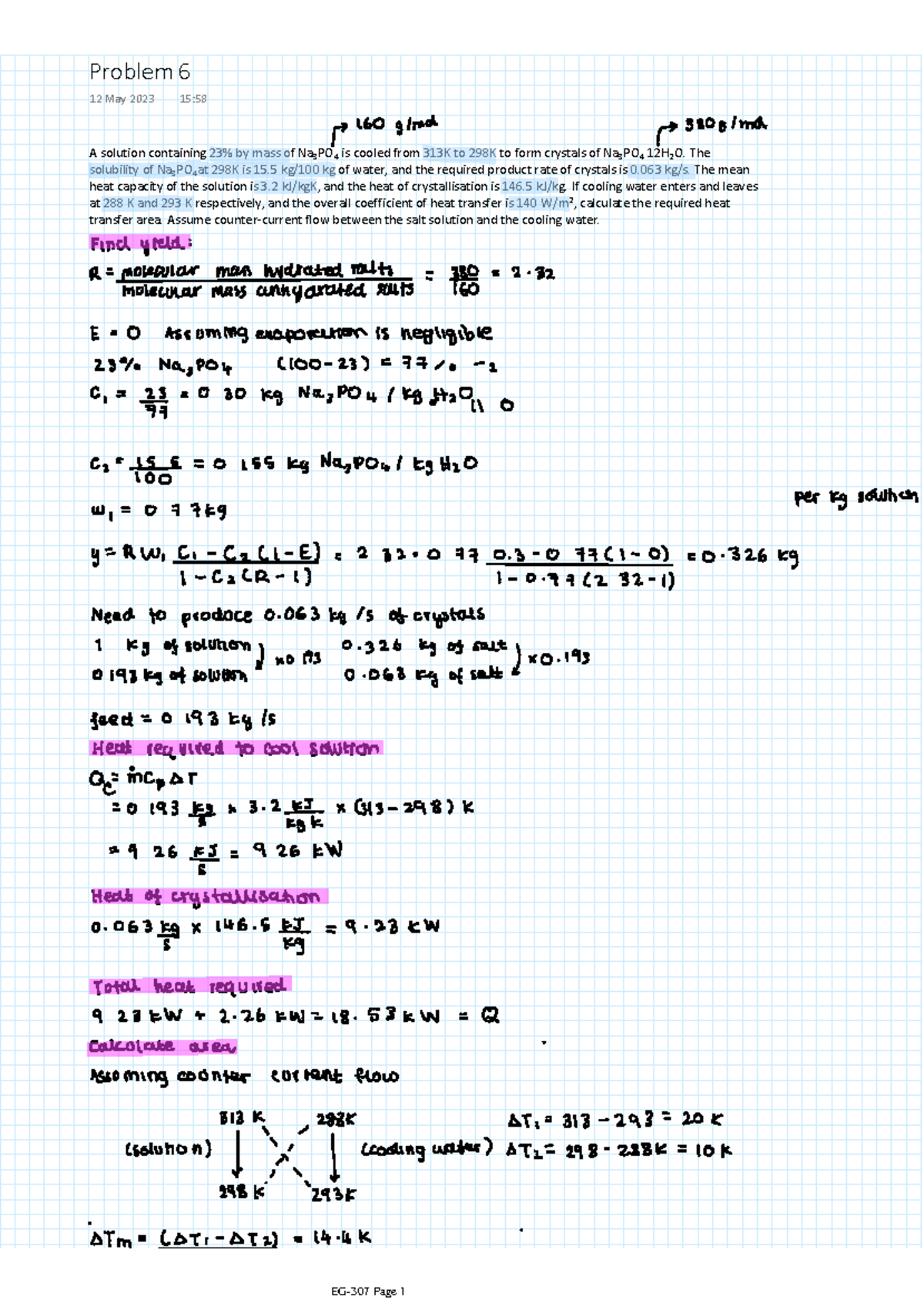EG-307 Chapter 7 - Problem 6: Heat Transfer Area Calculation for Na3PO4 ...