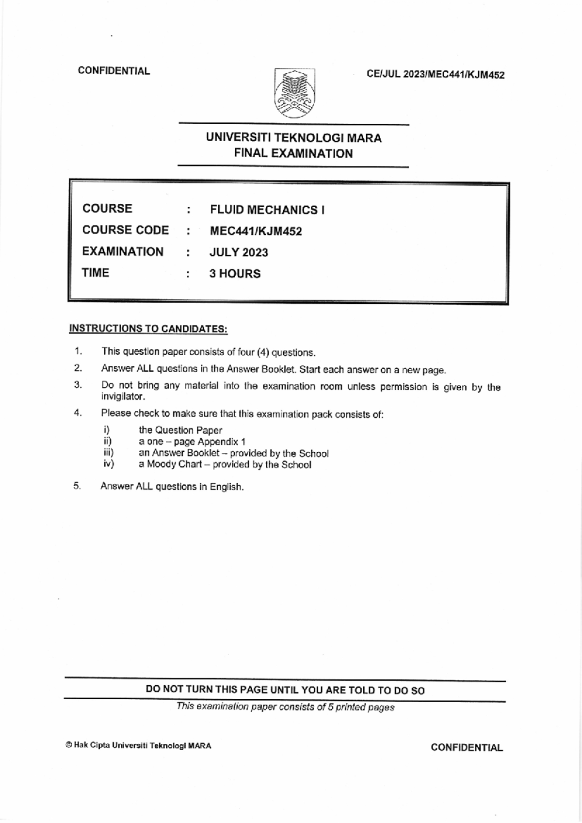 Final Exam MEC 441: Fluid Mechanics I, July 2023 Guide - Studocu