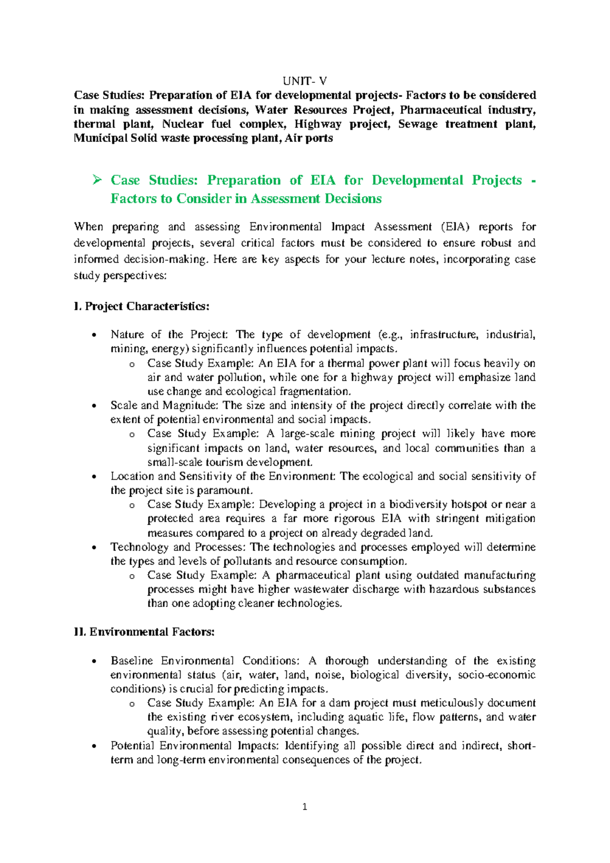 EIA Case Studies: Key Factors for Developmental Projects (U-5) - Studocu