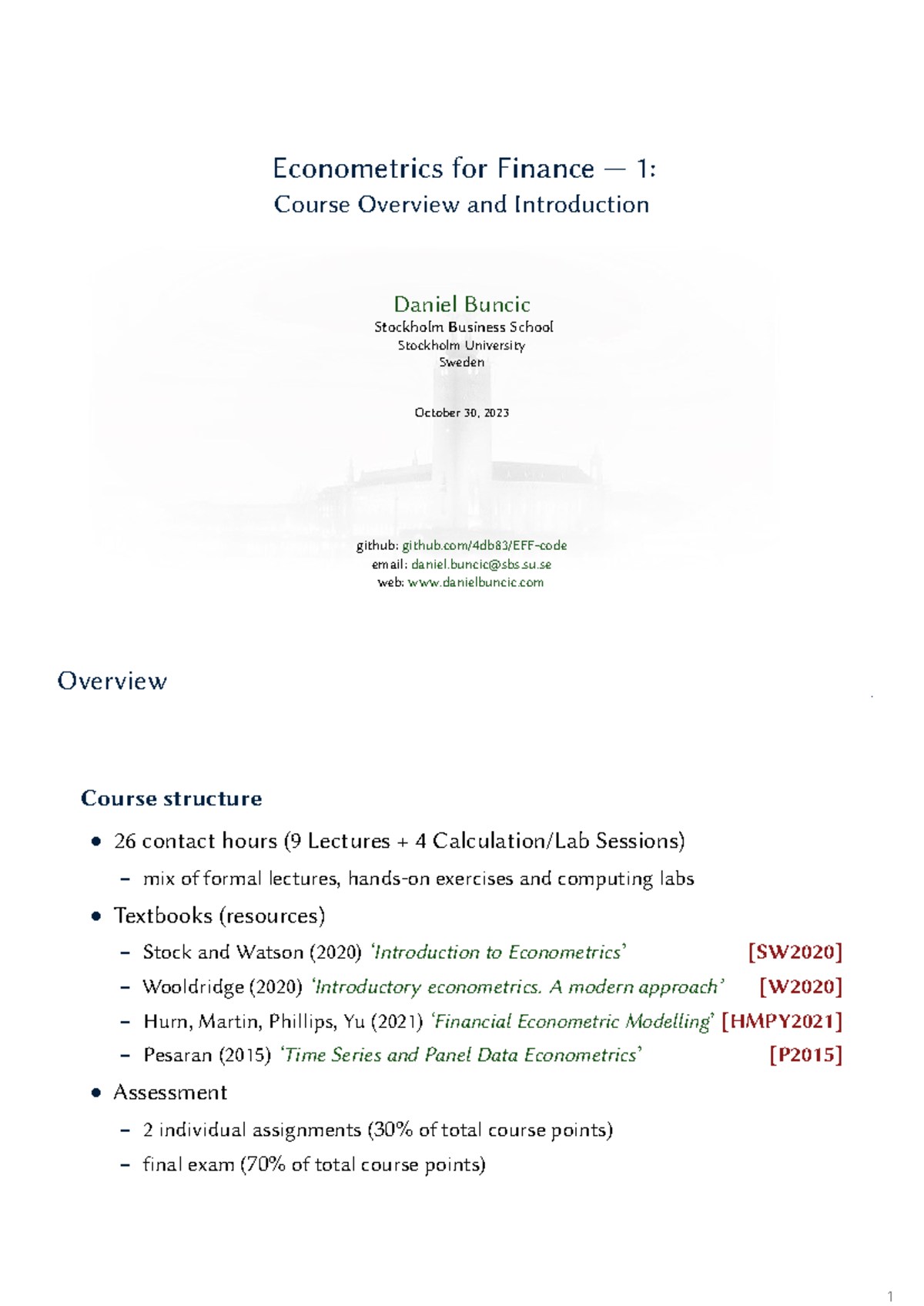 Lecture Notes on Econometrics for Finance (ECOF1001) - Course Overview ...