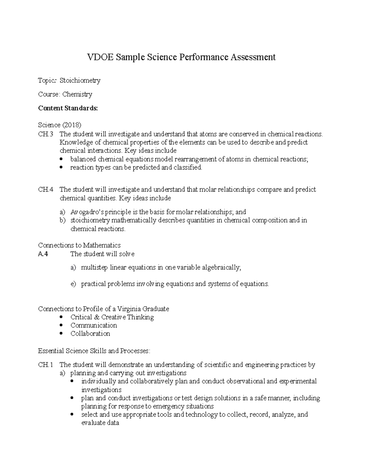 Chemistry CH Stoichiometry Performance Assessment Guide - Studocu