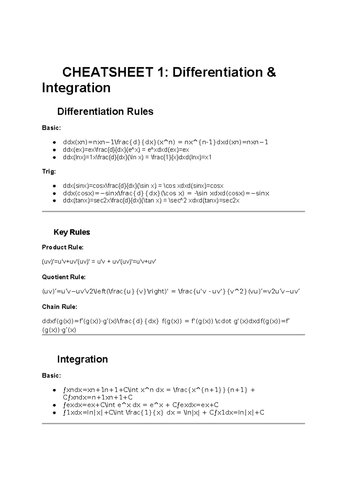 📘 Cheatsheet 1 Differentiation & Integration - 📘 CHEATSHEET 1 ...