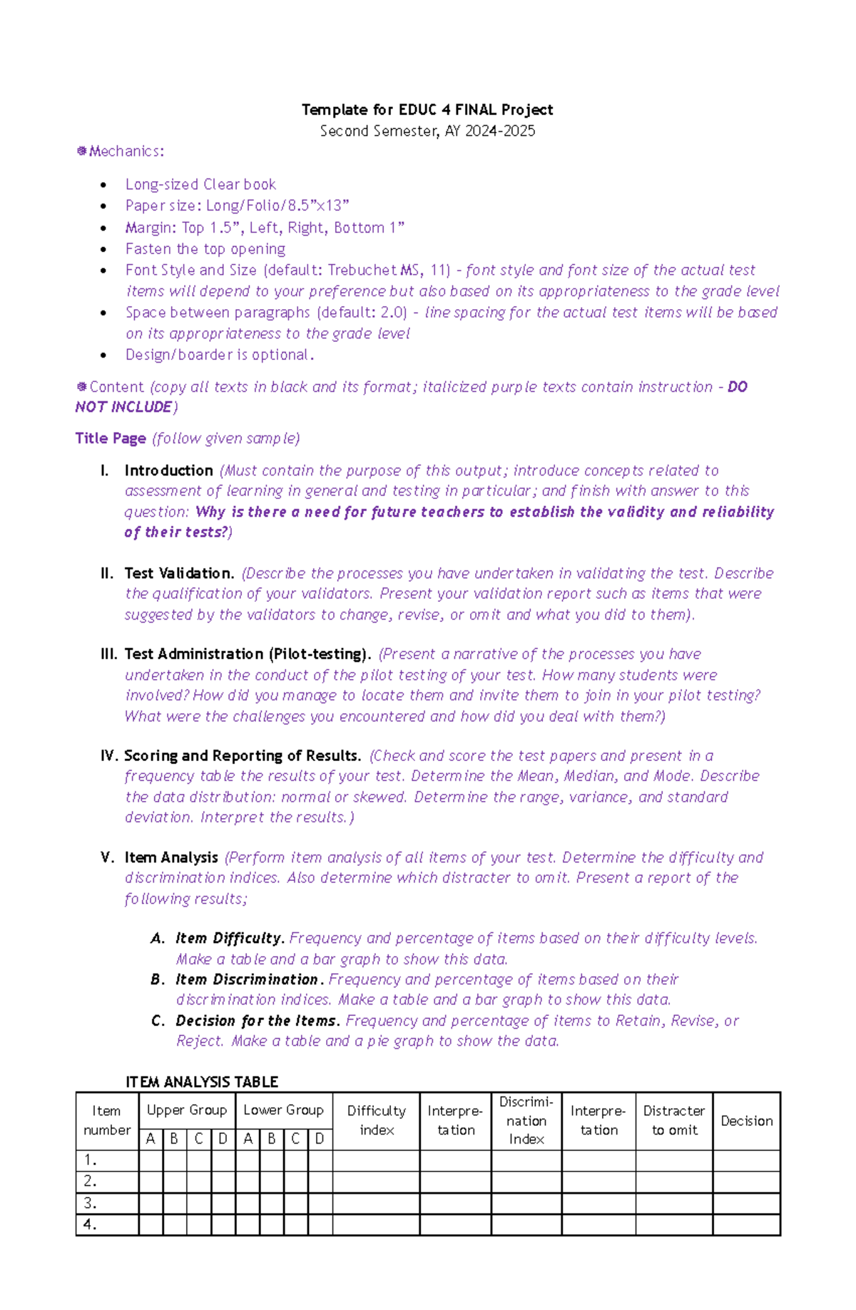 Template for EDUC 4 Final Project: Guidelines & Structure - Studocu