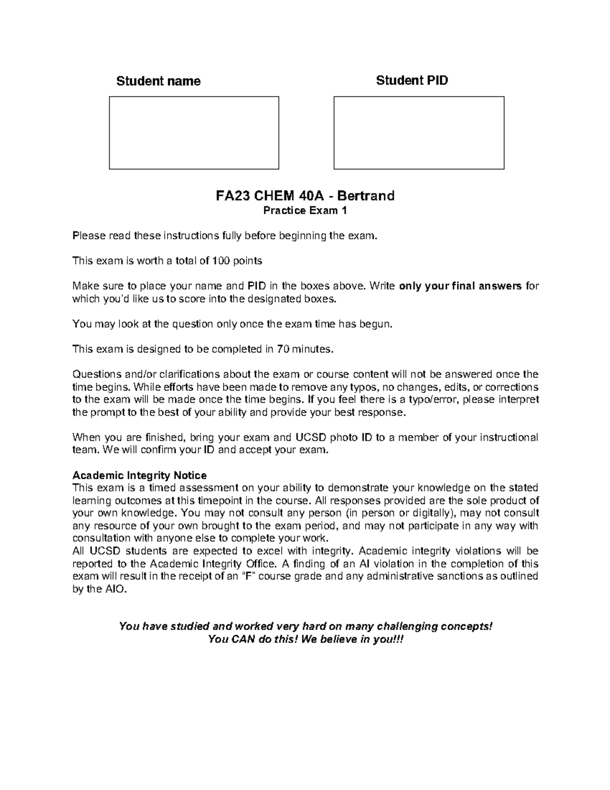 Practice Midterm Exam Keys for CHEM 40A - FA2 2023 - Studocu