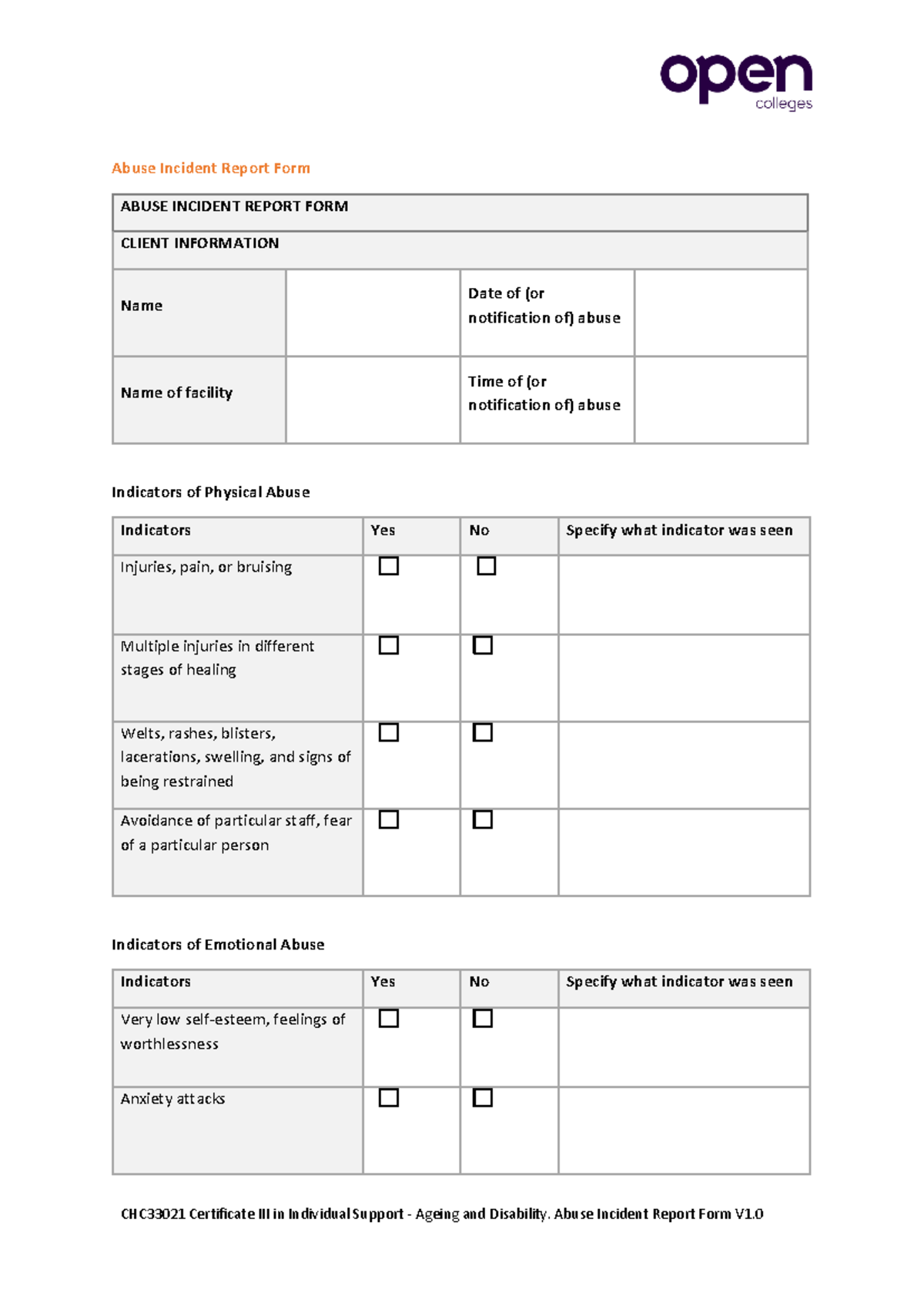 Abuse Incident Report Form CHC33021: Client Info & Indicators - Studocu