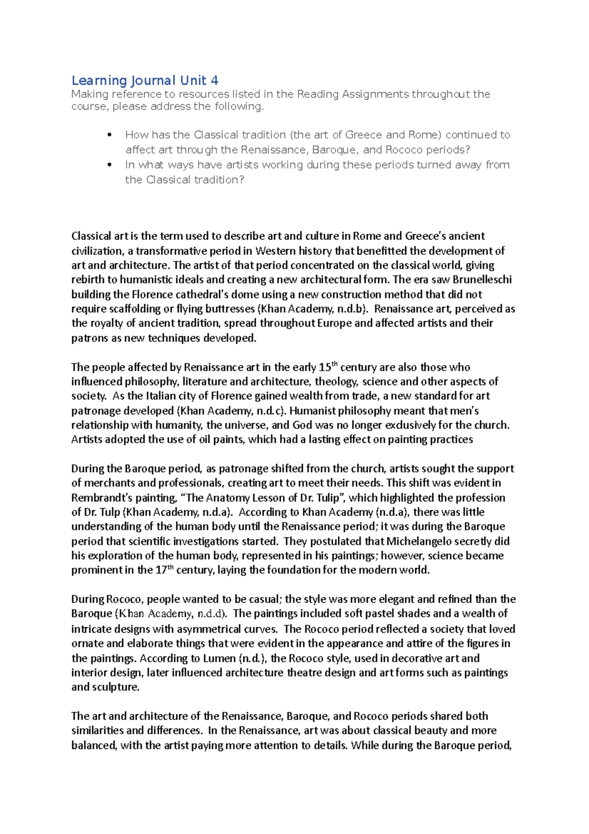 Learning Journal Unit 4 - How has the Classical tradition (the art of ...