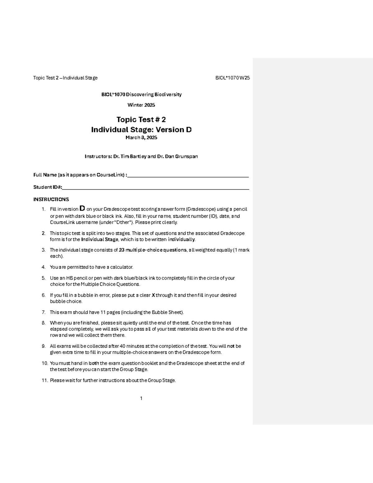 Individual Stage - Topic Test 2 - BIOL 1070 W25 - Version D - with ...