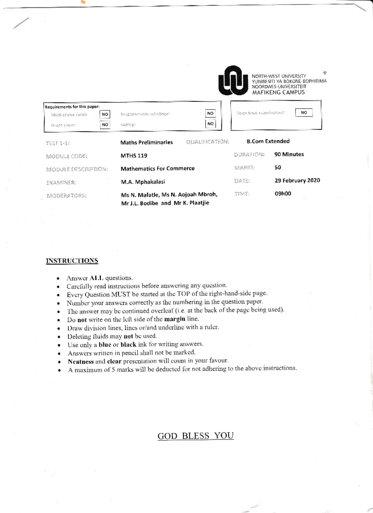 MTHS 119 Final Exam 2020 - Maths Preliminaries Past Paper - Studocu