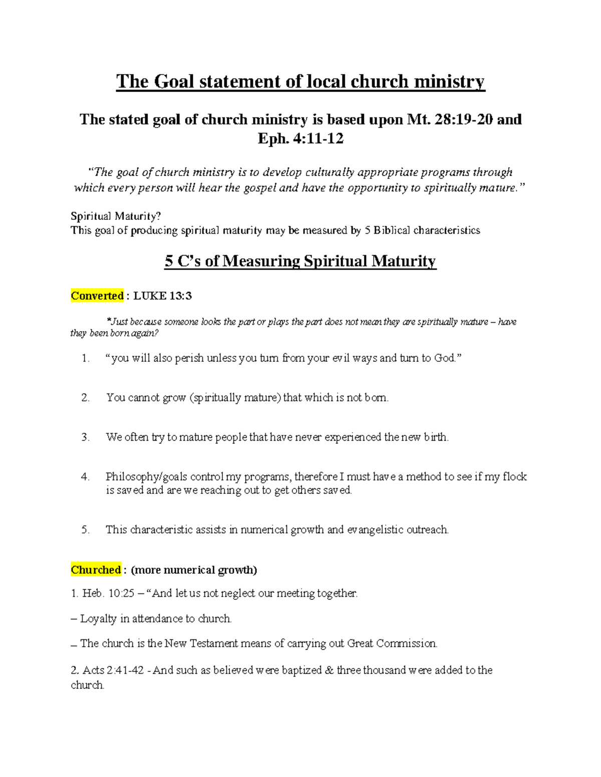 Goal Statement of Local Church Ministry & the 5 C's of Maturity - Studocu