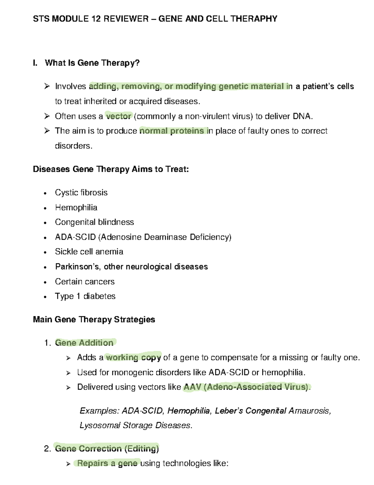 STS Module 12 Reviewer: Gene and Cell Therapy Overview - Studocu