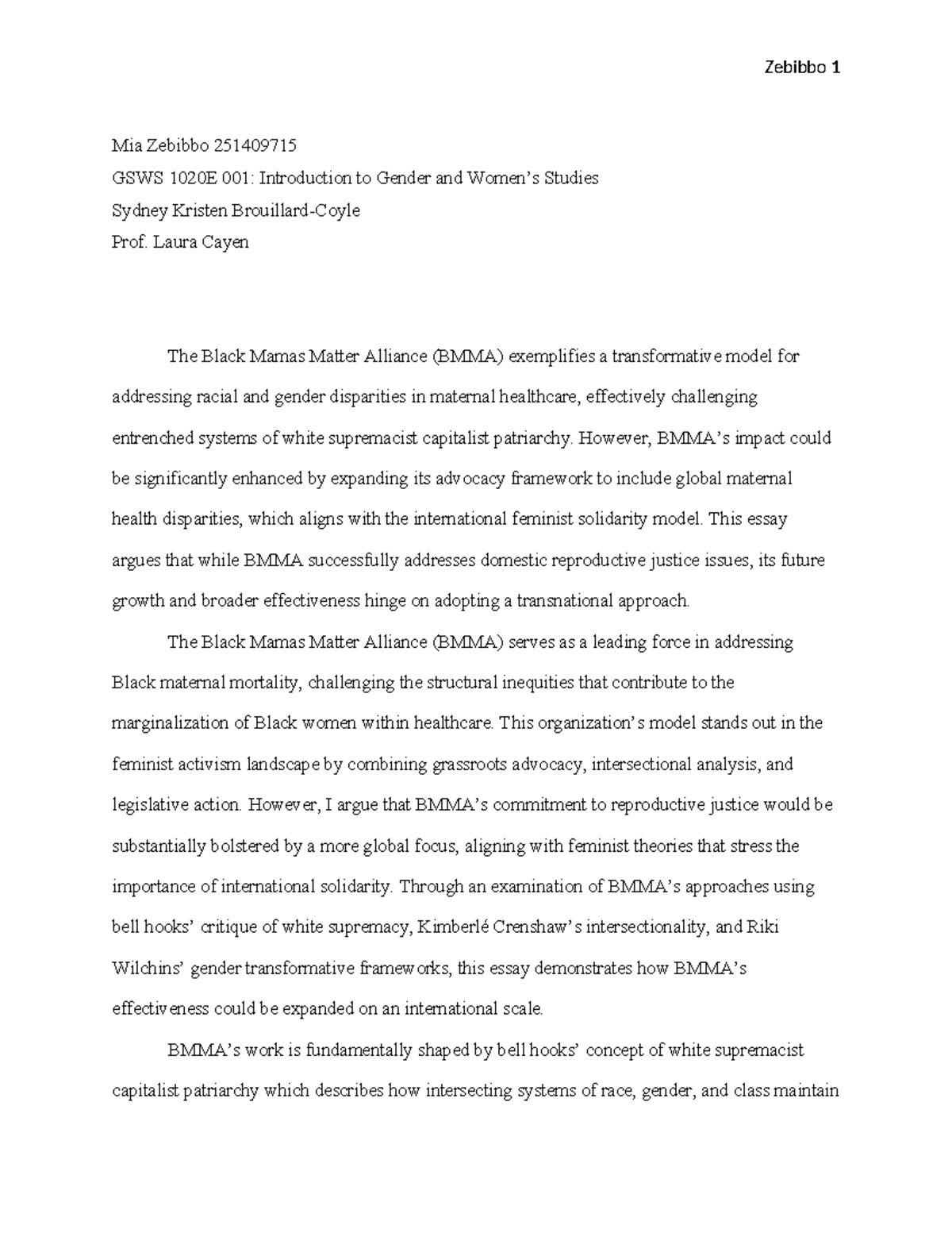 GSWS 1020E 001: Expanding BMMA's Impact through Global Feminist ...