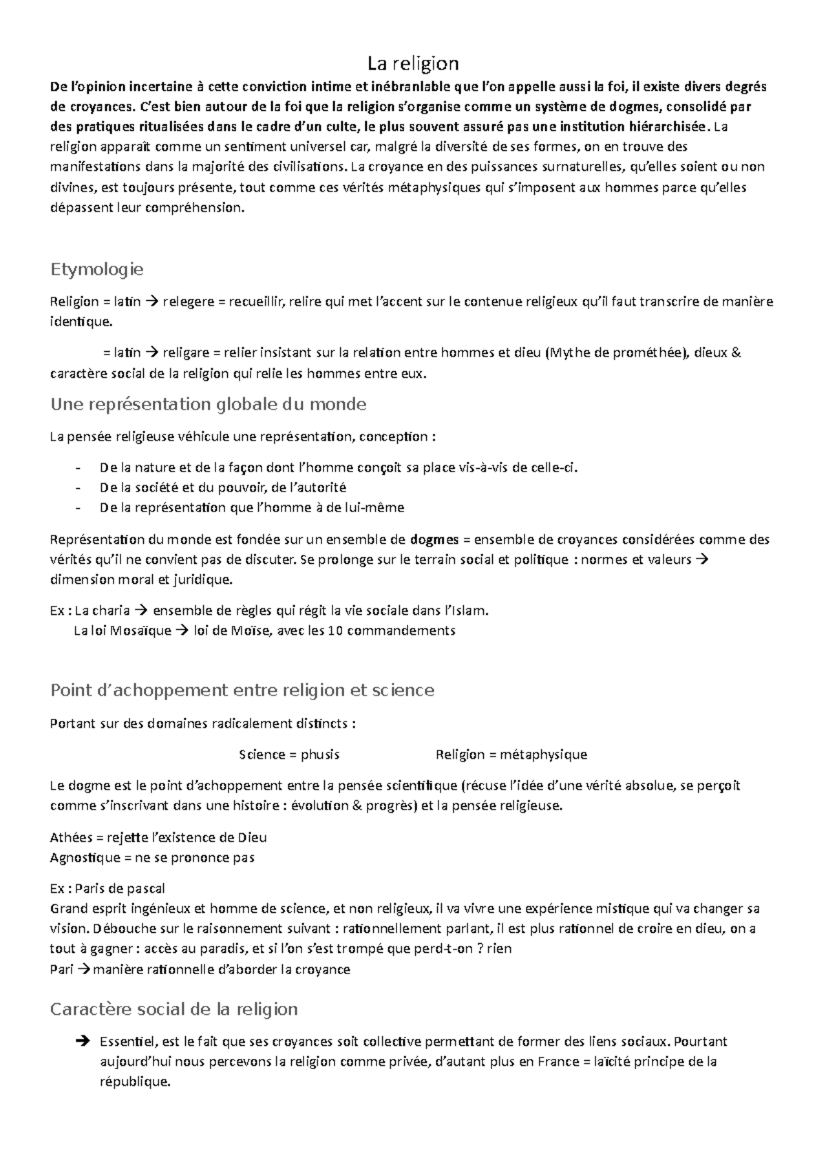 Fiches Bac 12 : La Religion - Concepts et Débats Clés - Studocu
