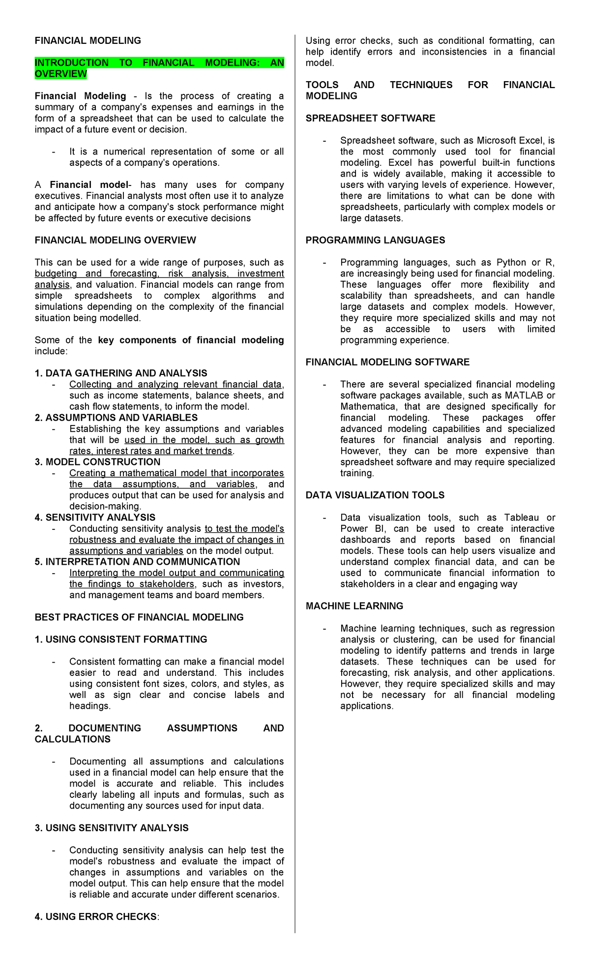Financial Modeling - Comprehensive Overview and Best Practices - Studocu