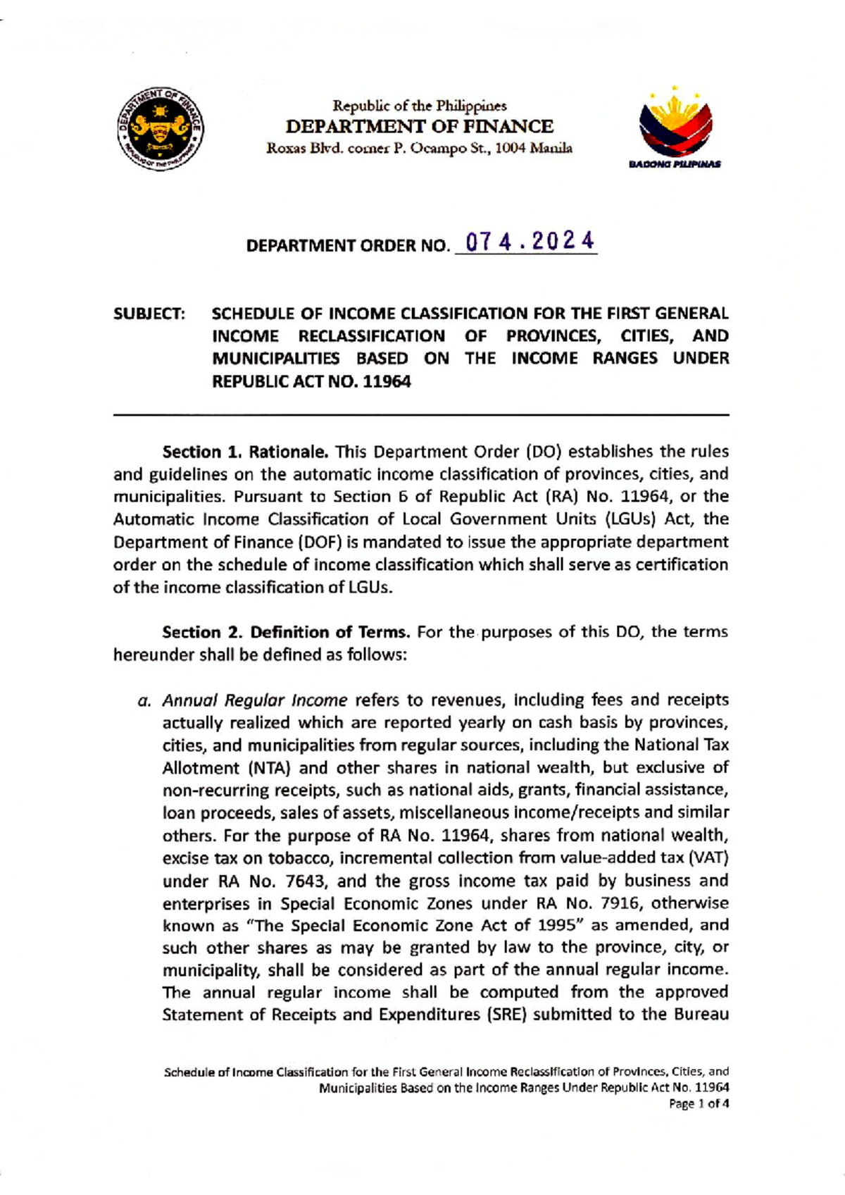 DOF Order No. 074.2024: Income Classification Schedule for LGUs - Studocu