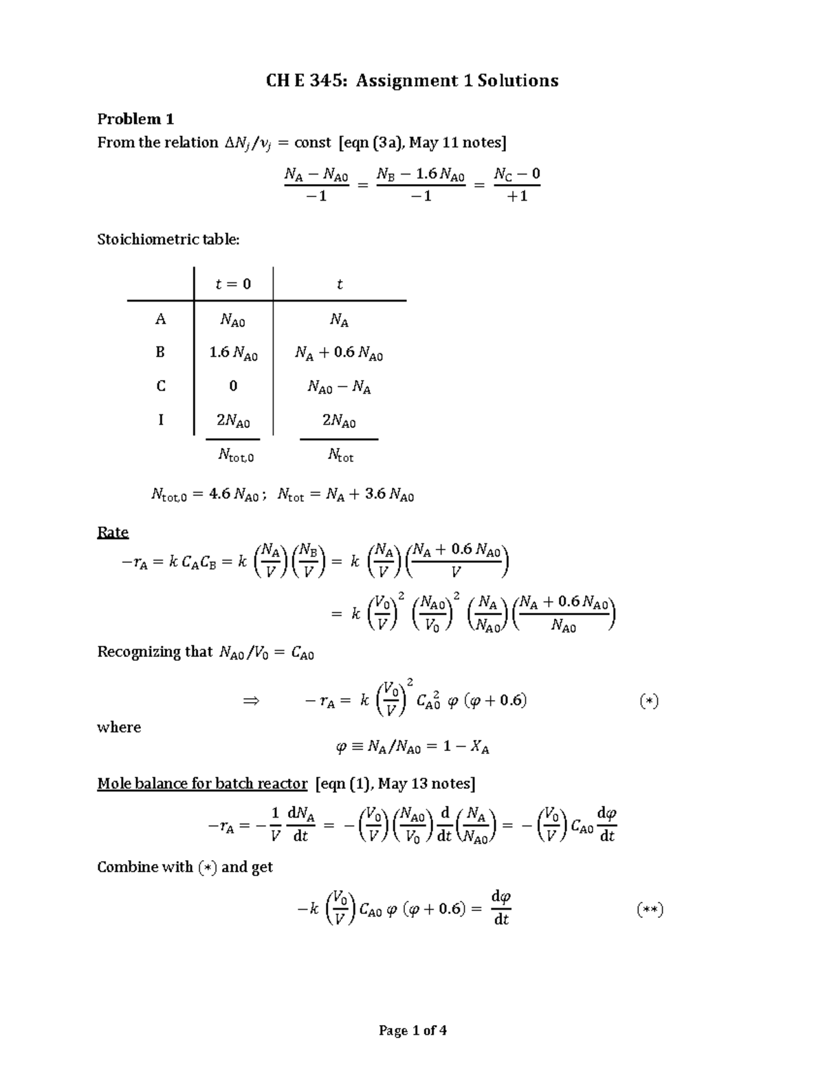 CH E 345: Solutions for Assignment 1 on Chemical Reactions - Studocu