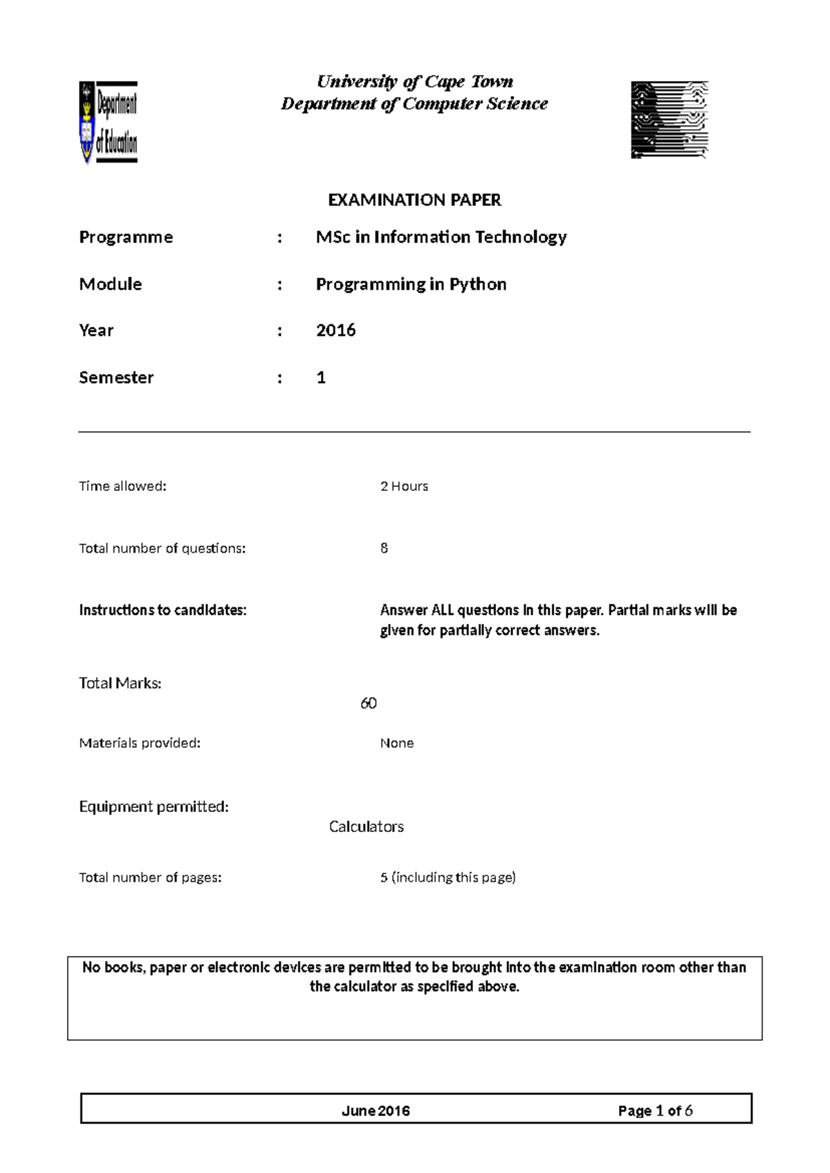MSc IT 2016 Python Programming Midterm Examination Questions - Studocu