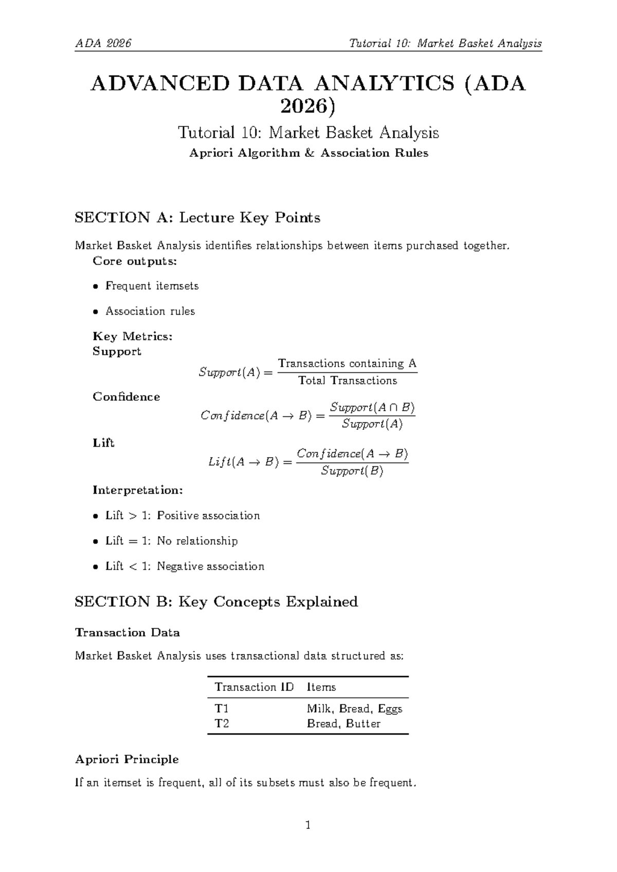 ADA 2026 Tutorial 10: Market Basket Analysis & Apriori Algorithm - Studocu