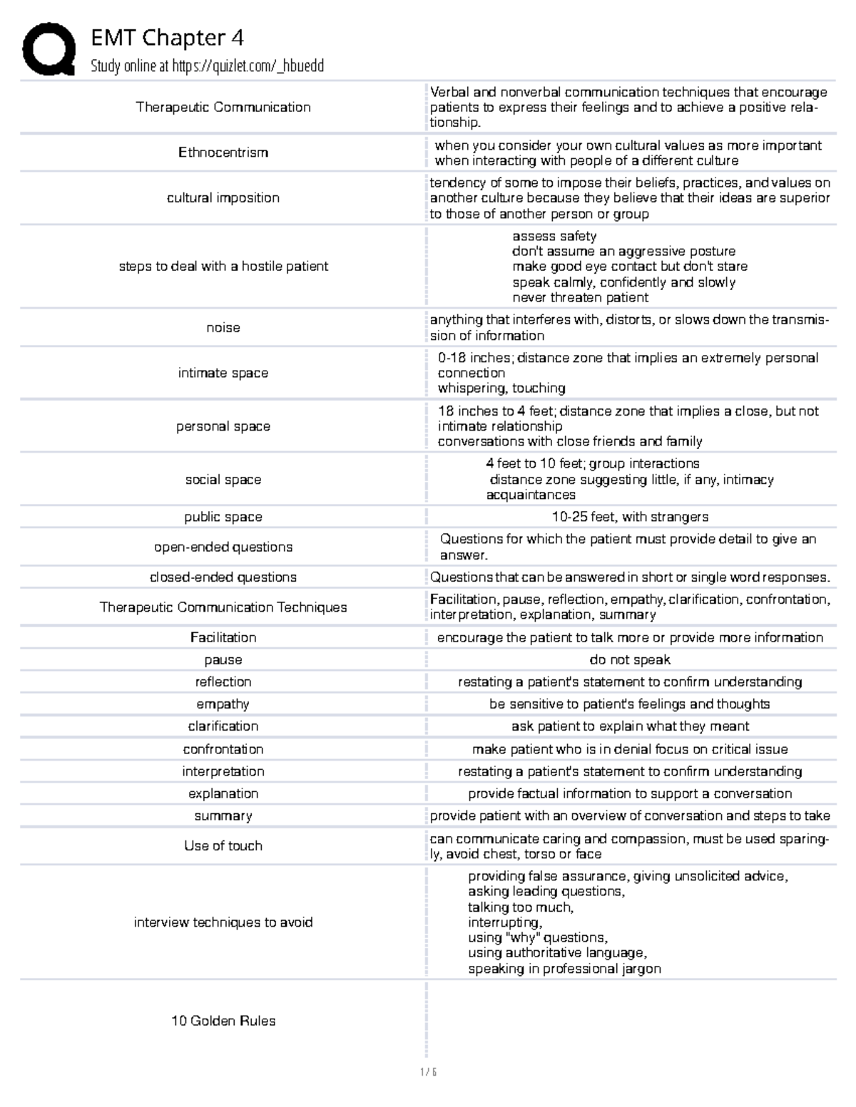 EMT Chapter 4 Study Guide: Therapeutic Communication Techniques - Studocu