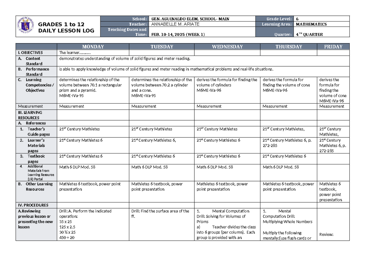 DLL Mathematics 6 Q4 W1 - Volume of Solids Lesson Plans - Studocu