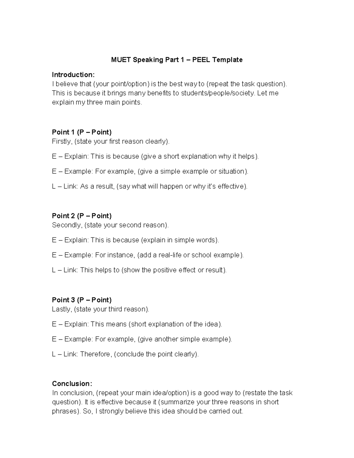 MUET Speaking Part 1: PEEL Template Guide - Studocu