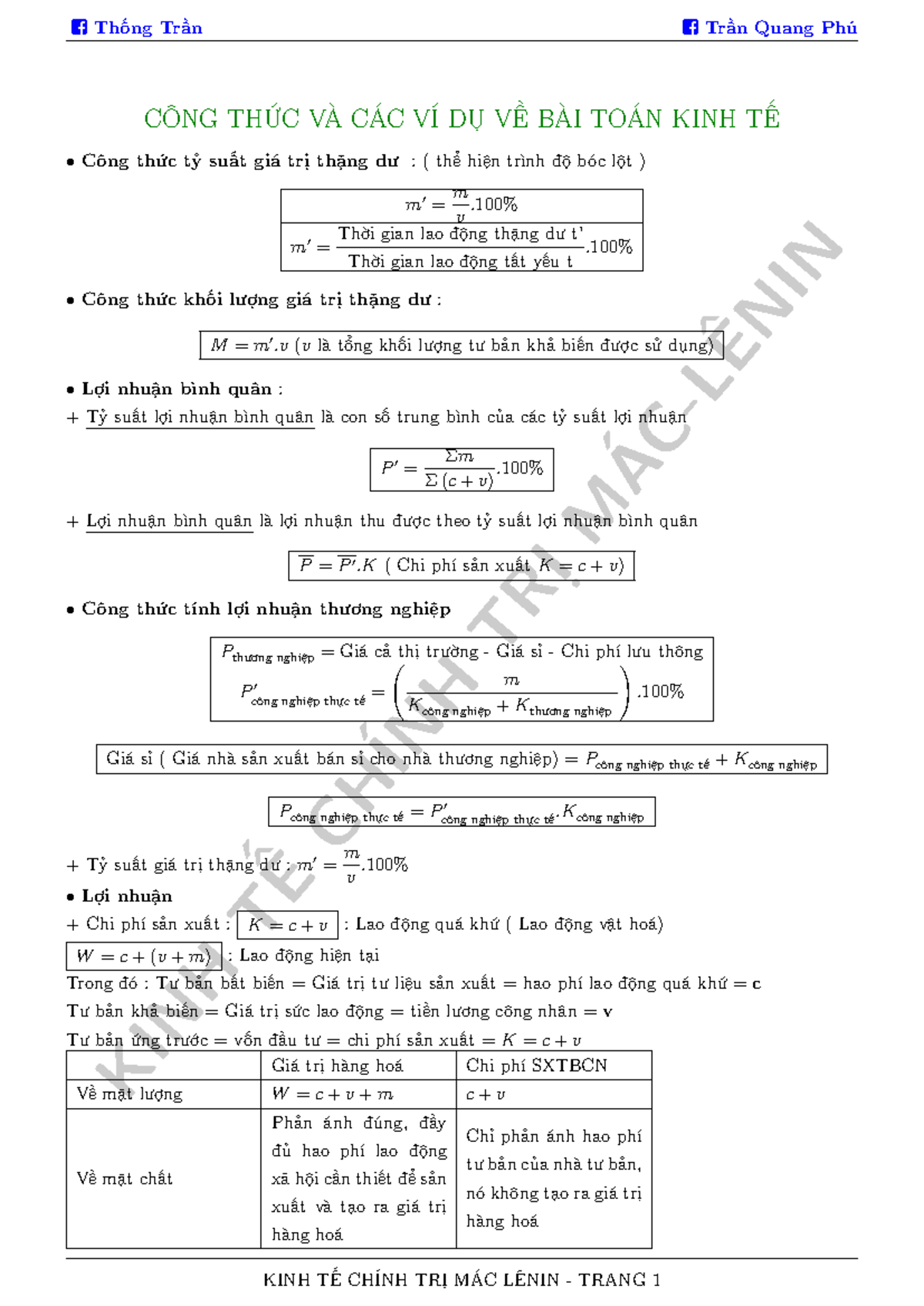 Kinh tế Chính trị Mác-Lenin: Công thức & Câu hỏi Lý thuyết (KT012) - Document Preview