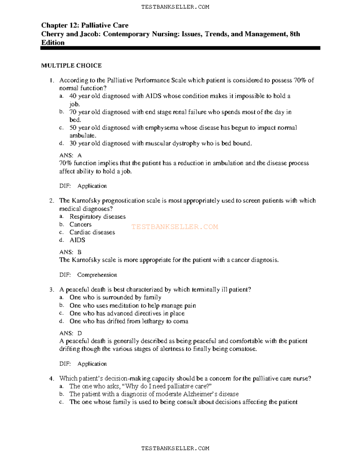 Final Exam Test Bank for Nursing 9780323554206: Chapter 12 Palliative ...