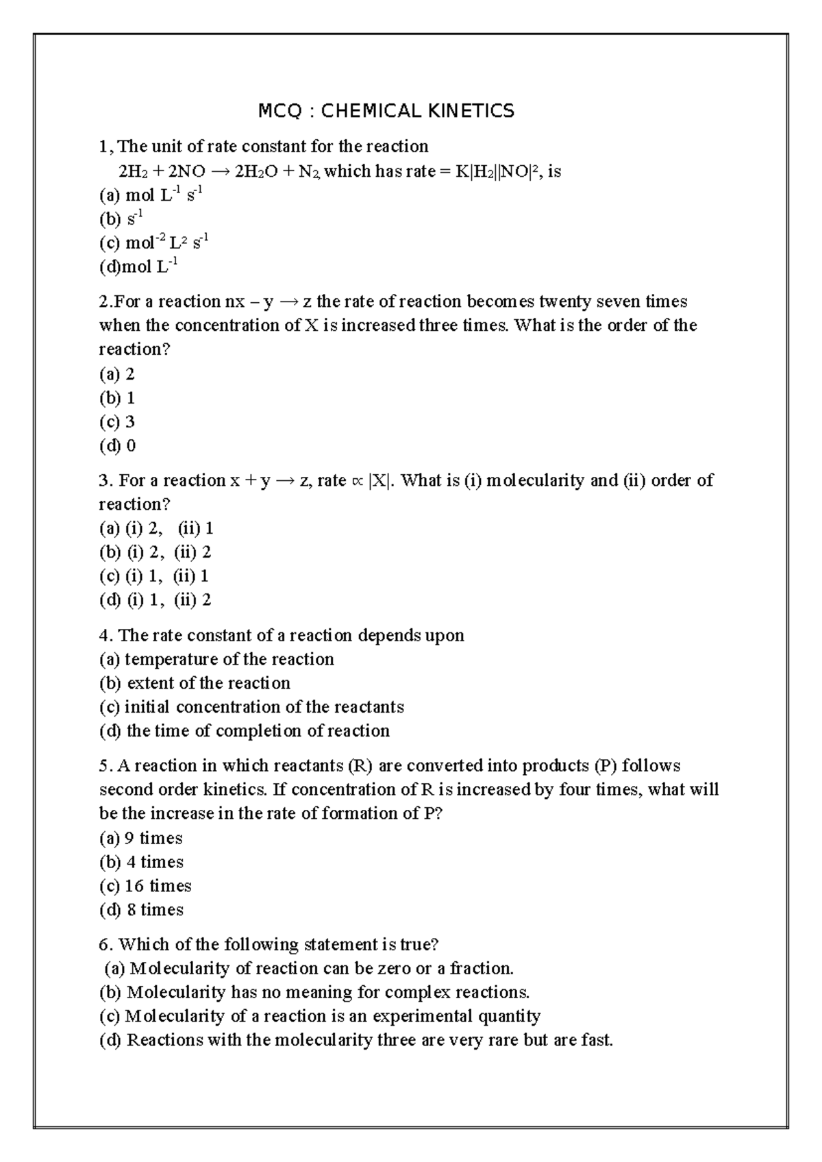 MCQ: CHEM 101 - Chemical Kinetics Review Questions - Studocu