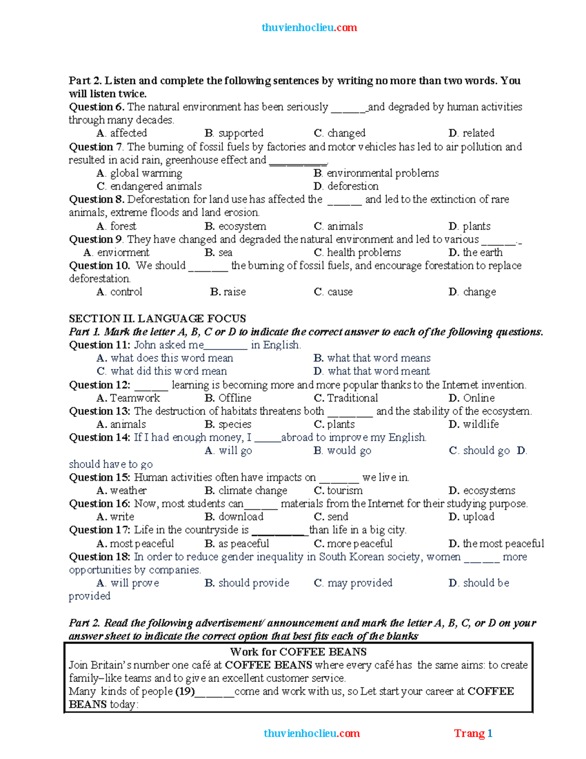 Test for 10 - Listening and Language Focus Exam - Studocu