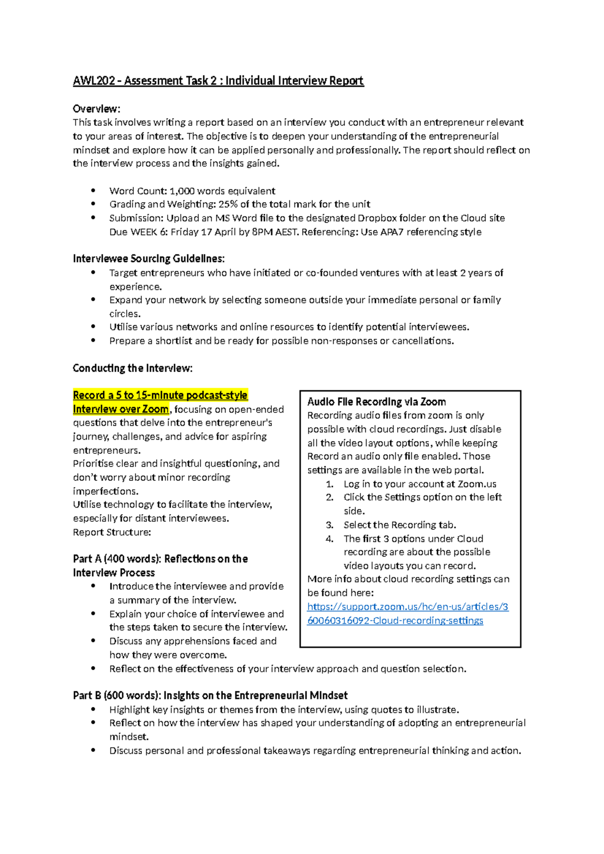 AWL202 Assessment Task 2: Individual Interview Report Insights - Studocu
