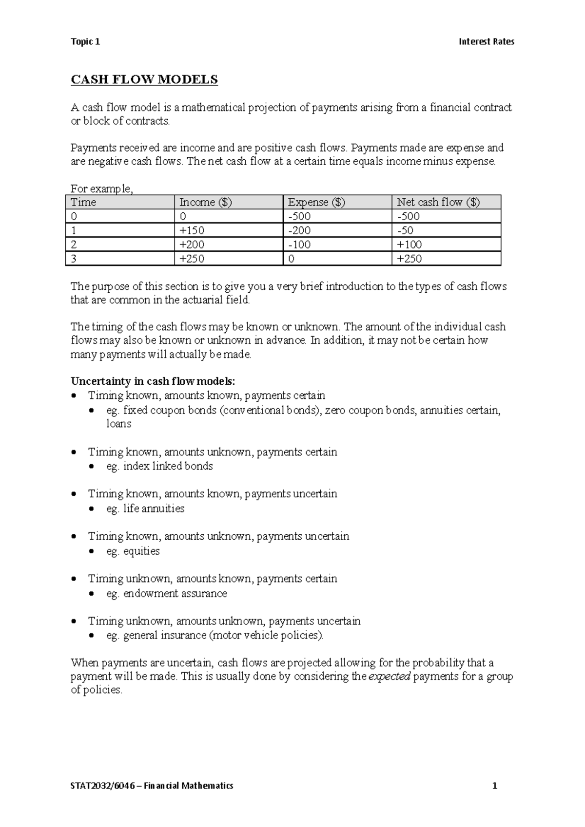 Topic 1 - Interest Rates: Cash Flow Models and Financial Mathematics ...
