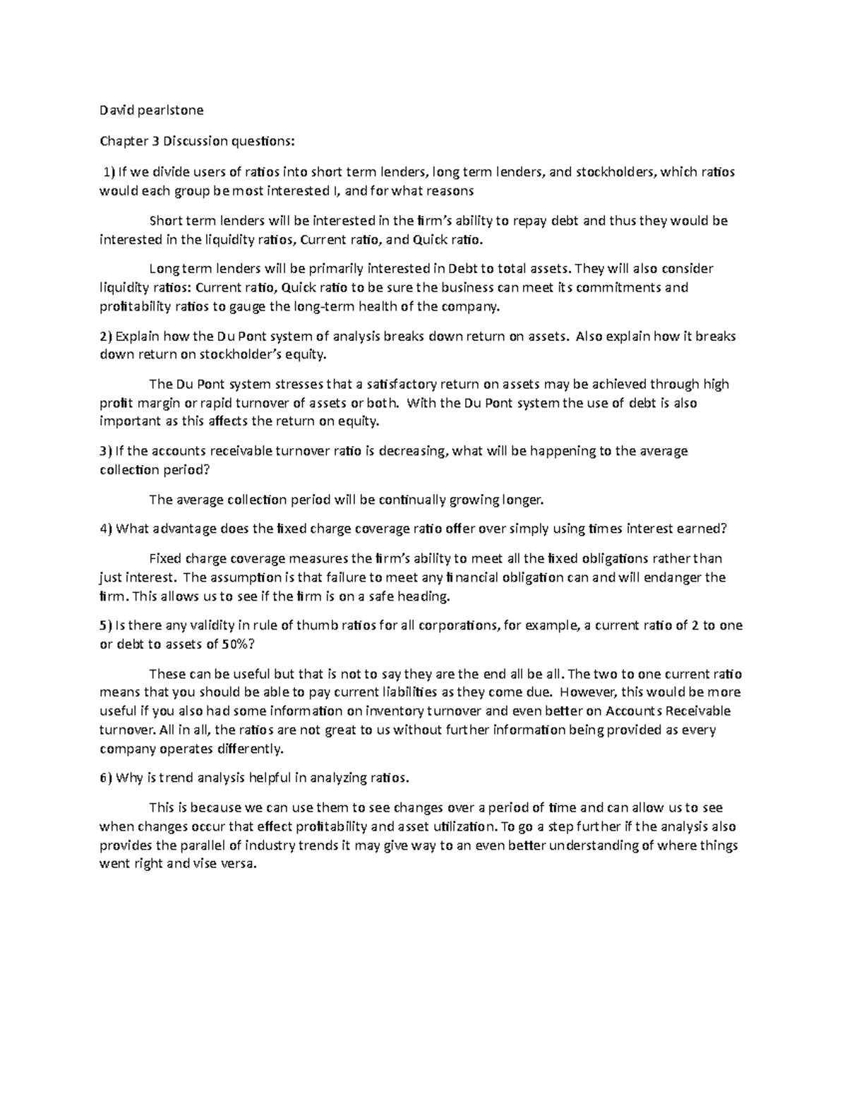 Chapter 3 Discussion Questions for Financial Ratios Analysis - Studocu