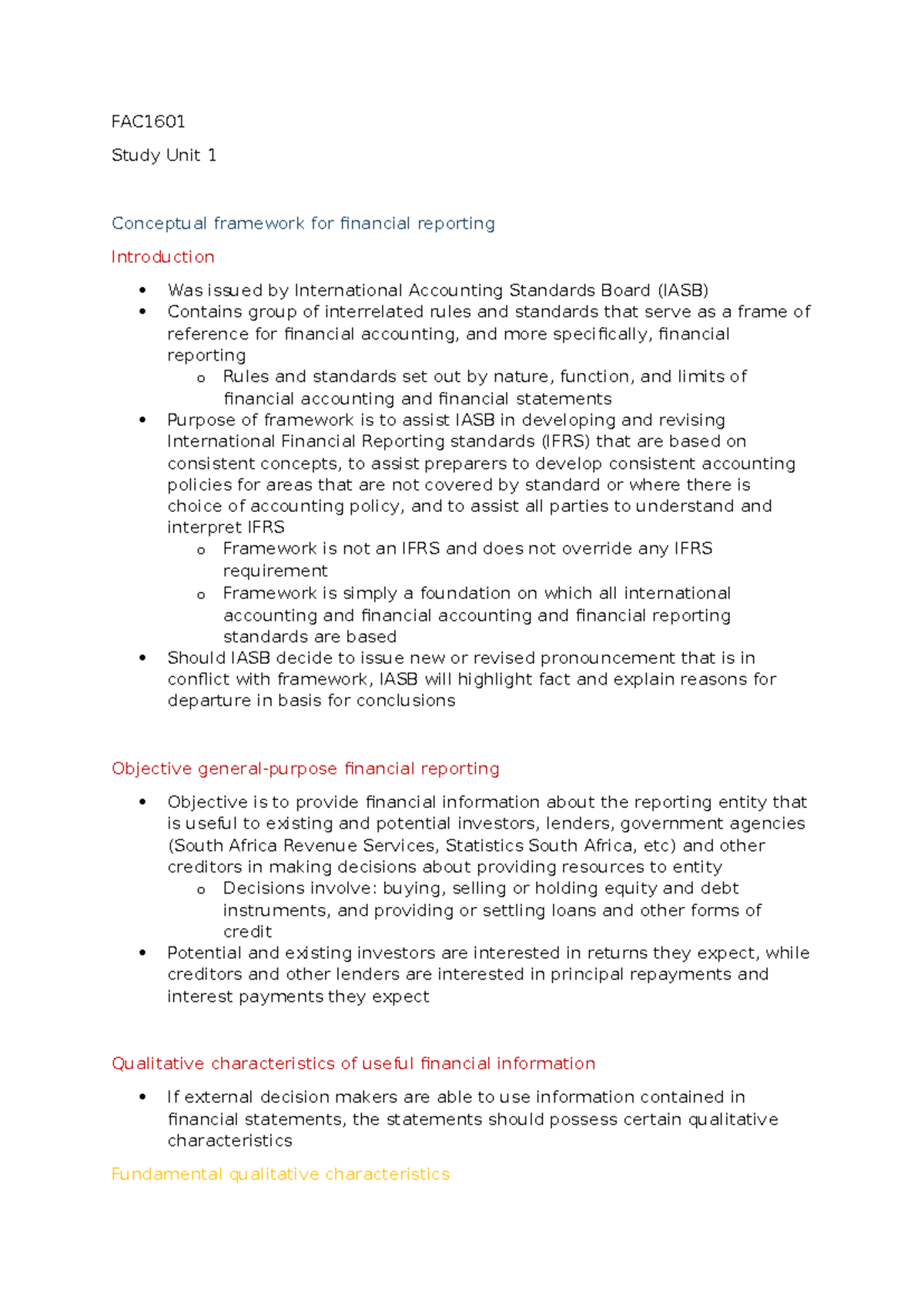 FAC1601 Unit 1 - Summary of Conceptual Framework for Financial ...