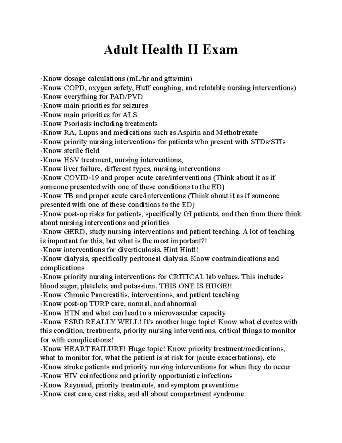 Adult Health II Final Exam Study Guide - Key Nursing Interventions ...