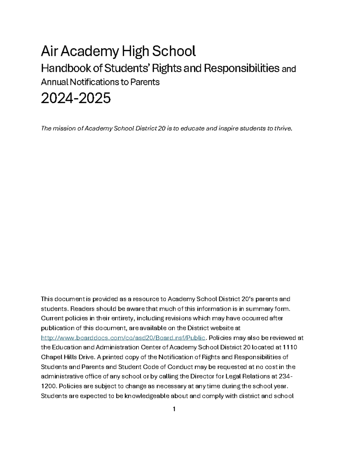 AAHS 2024-25 Parent Student Handbook - Air Academy High School Handbook ...