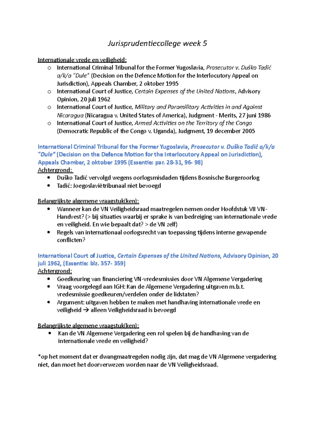 Wekelijks Jurisprudentie College 5: Internationale Vrede & Veiligheid ...