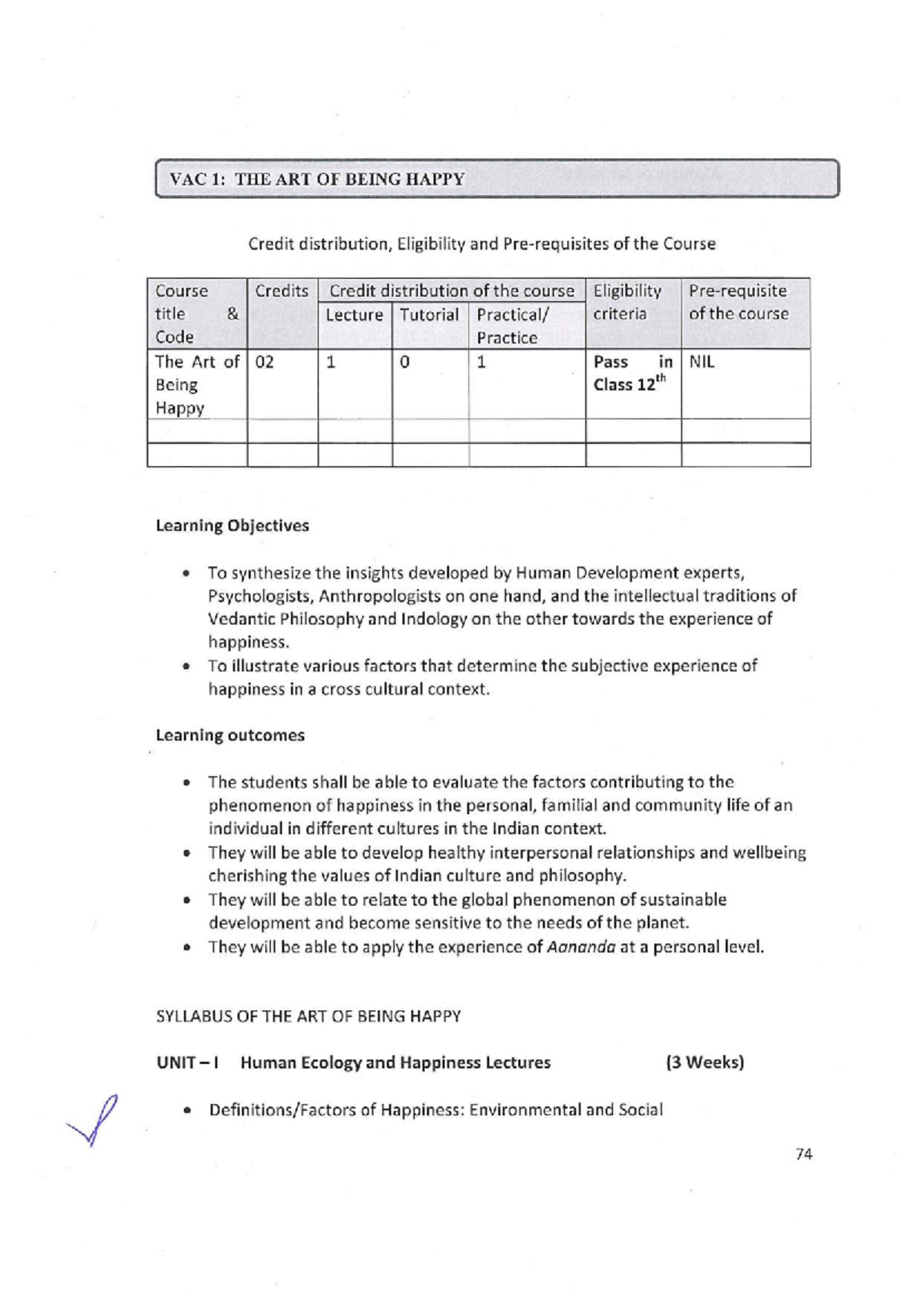 V AC 1: The Art of Being Happy - Course Syllabus and Objectives - Studocu